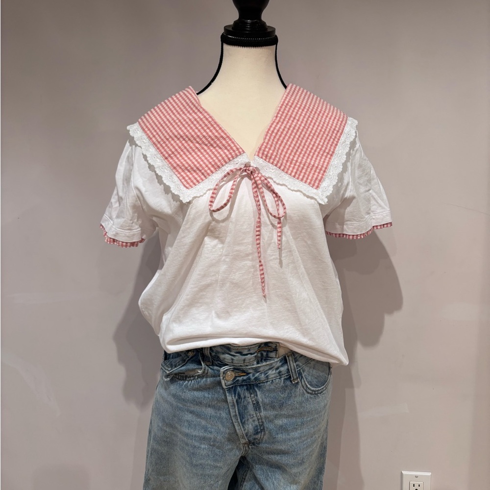 Zara Gingham Short Sleeve T-Shirt Pink and White Cotton Spring/Summer Size L - Picture 1 of 4